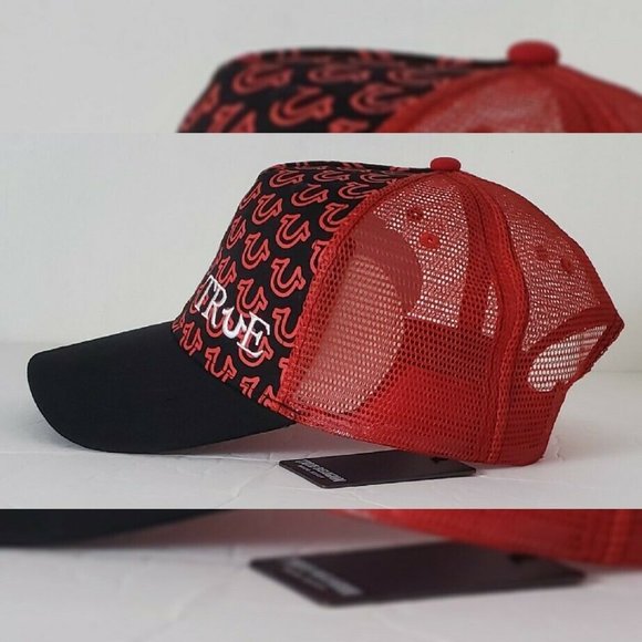 TRUE RELIGION ALLOVER HORSESHOE TRUE TRUCKER HAT MEN'S ADJUSTABLE OS BLACK/RED - Picture 3 of 10